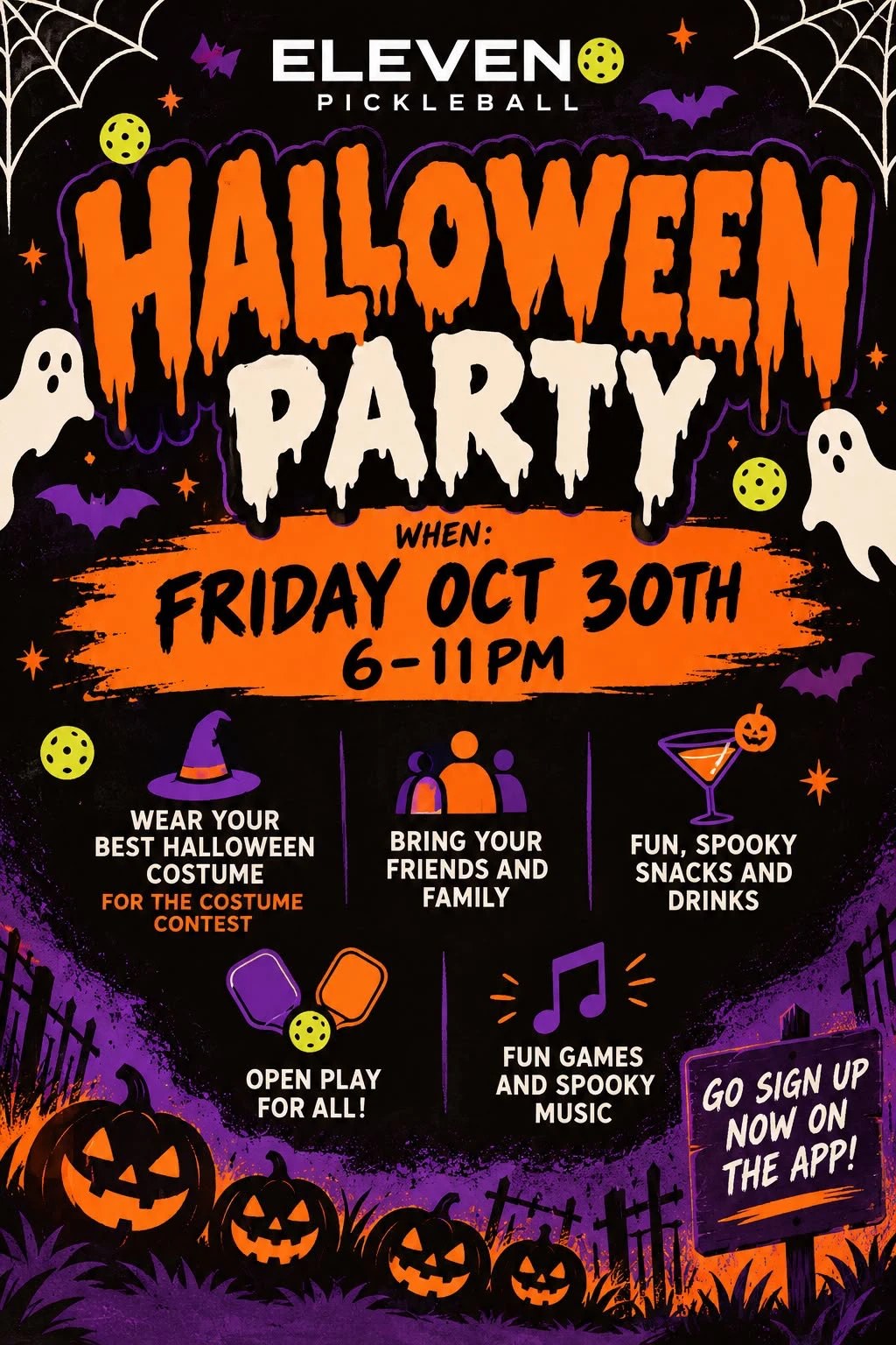 Halloween Party flyer: Friday October 30th, 6 to 11pm, with a costume contest, open play, snacks and drinks, games and music